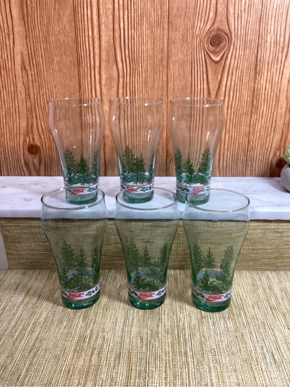 Vintage Coca Cola Green Pine Tree Holiday Glasses - Set of 6 16oz